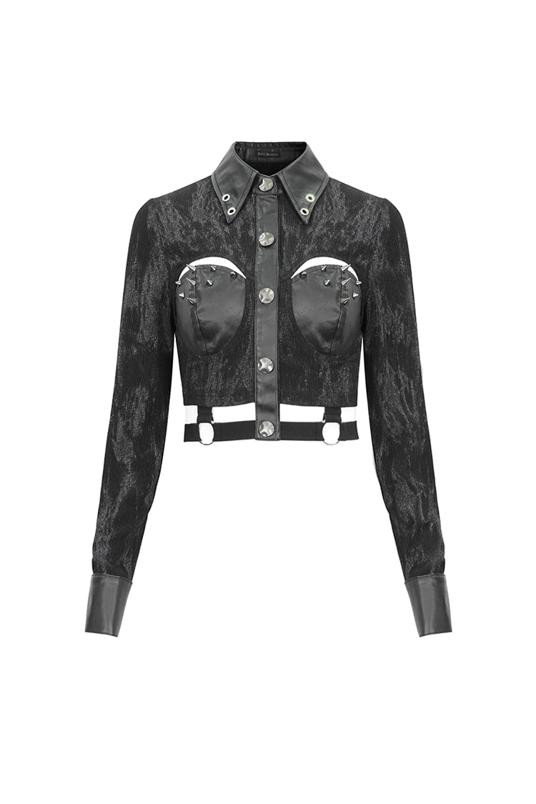 Black Turn Down Collar Cutout Long Sleeves Studded Women's Punk Shirt