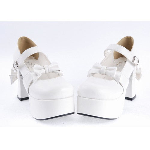 White Patent Leather Round Toe Strap Bowknot Platform Lolita Shoes