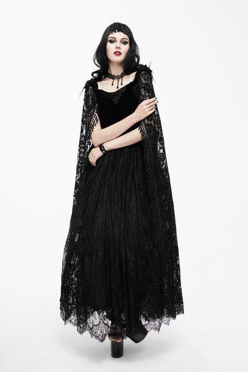 Black Feather And Flowers Off Collar Sexy Long Velvet Womens Gothic Dress With Lace Shawl
