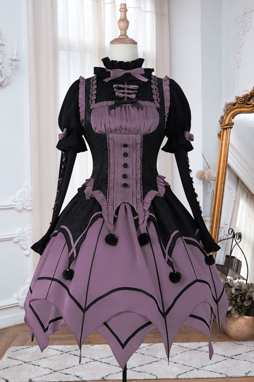 Schwarz / Lila Runder Kragen Gekräuselte Lange Ärmel Taille Unregelmäßiger Saum Kobold Süßes Lolita OP Kleid Komplettset