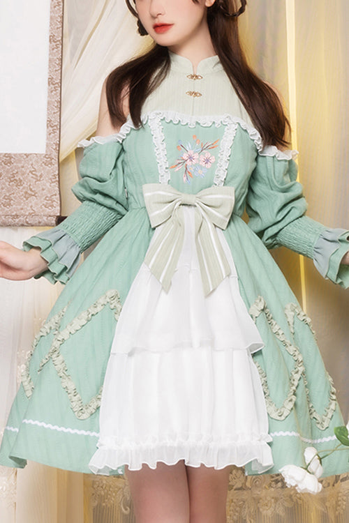 Green Off The Shoulder Long Sleeves Cardigan Hand Embroidered Sweet Lolita OP Dress
