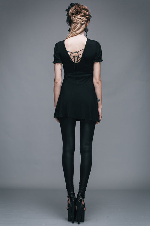 Schwarzes gemustertes, kurzärmliges Gothic-T-Shirt für Damen mit Spitzenkragen und mittellanger Länge