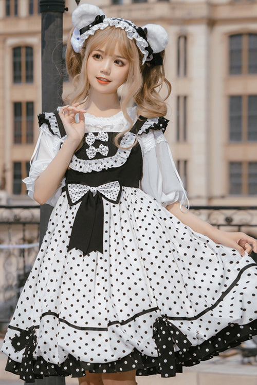 White/Black Polka Dot Ruffled Strap Sweet Lolita JSK Dress