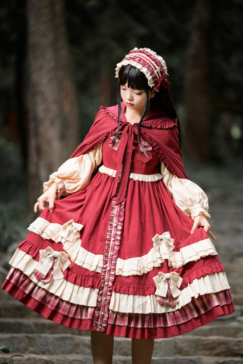 Little Red Riding Hood Lapel Collar Christmas Bowknot High Waisted Multi-Layer Ruffled Sweet Lolita OP Dress