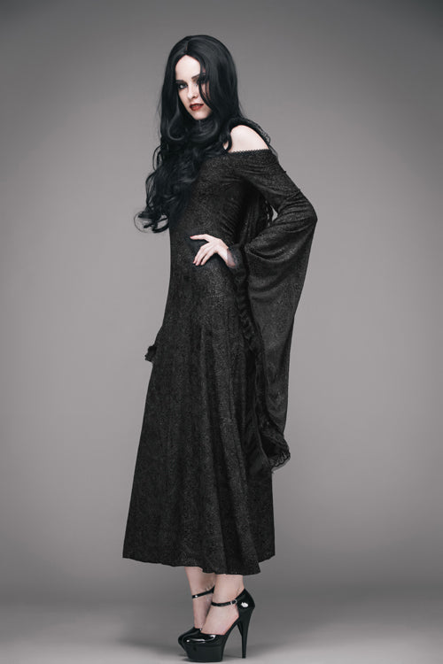 Black Gothic Big Cuffs Stretchy Floral Off The Shoulder Hooded Long Womens Dress