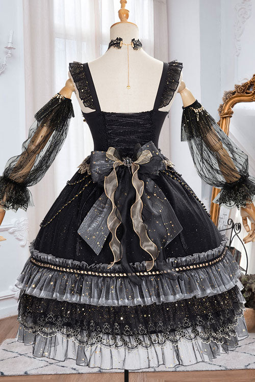 Black Starry Night Square Collar Bowknot Multi-Layer Ruffled Cardigan Gothic Lolita JSK Dress with Detached Sleeves