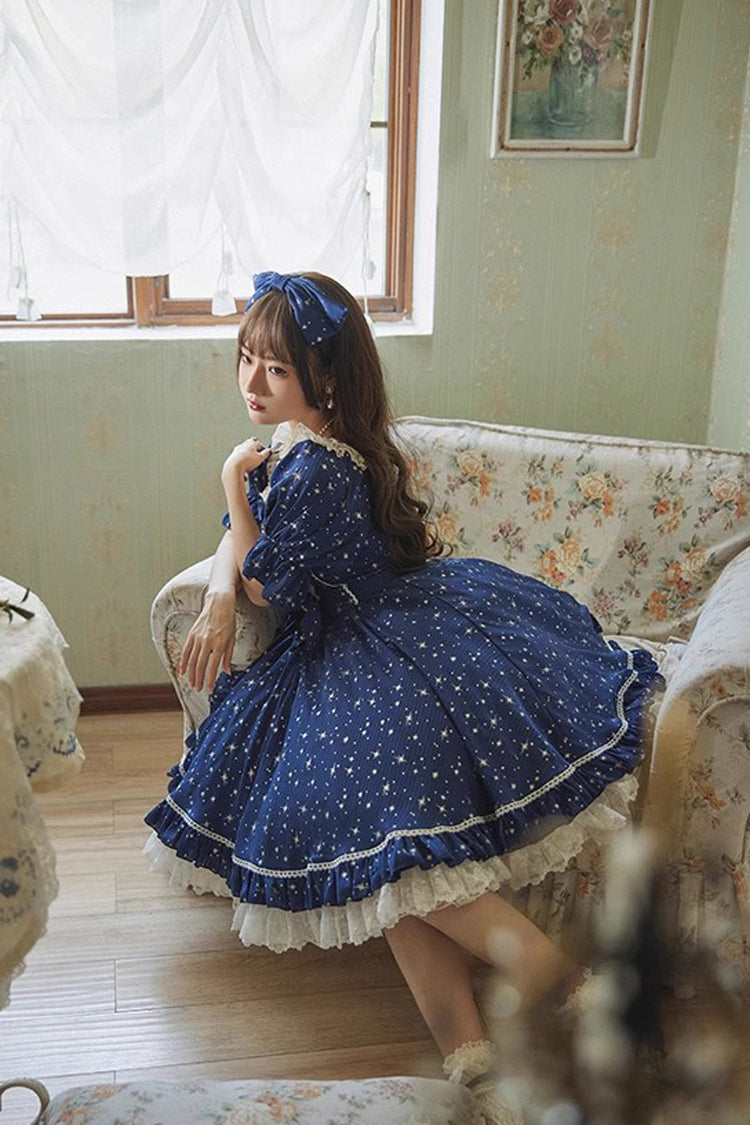 Midsummer Galaxy Shiny Star Print Short Sleeves Ruffle Bowknot Sweet Lolita OP Dress