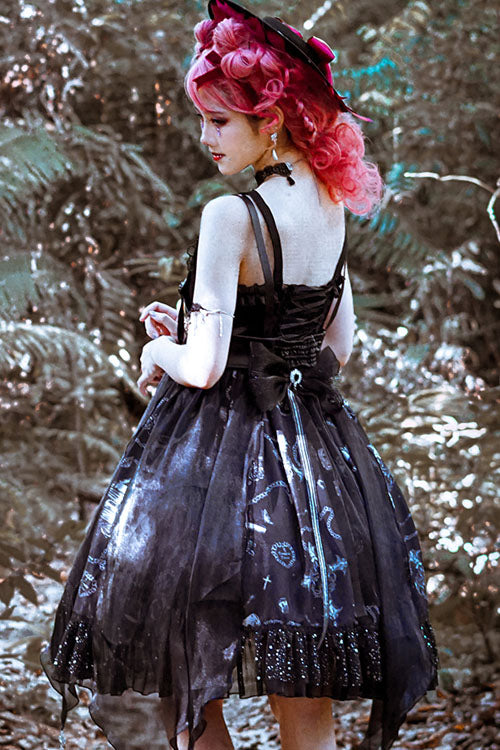 Dark Blue Vampire Diaries Theme Bowknot Ruffled Gothic Lolita JSK Dress Full Set