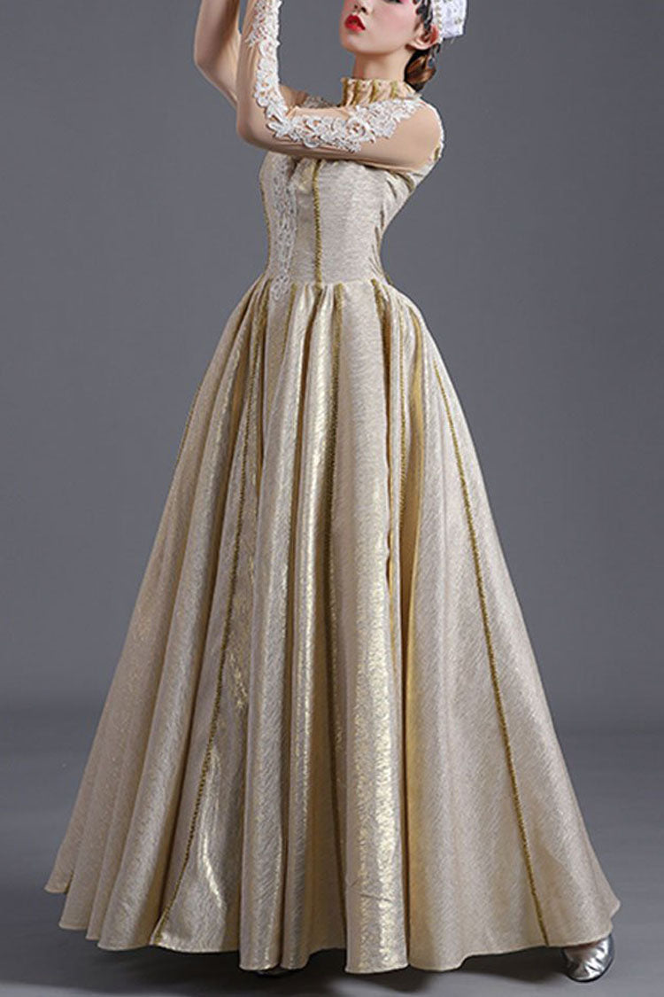 Light Golden Long Sleeves Hollow Embroidery Print High Waisted Victorian Lolita Prom Dress