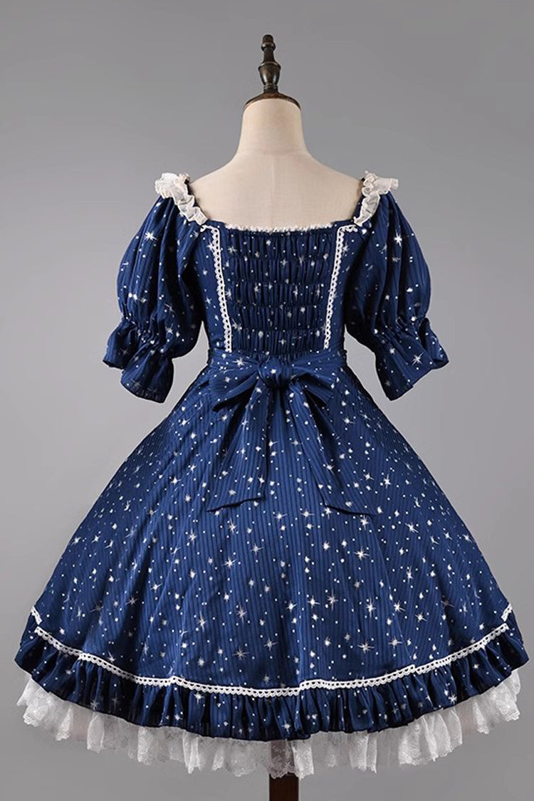 Midsummer Galaxy Shiny Star Print Short Sleeves Ruffle Bowknot Sweet Lolita OP Dress