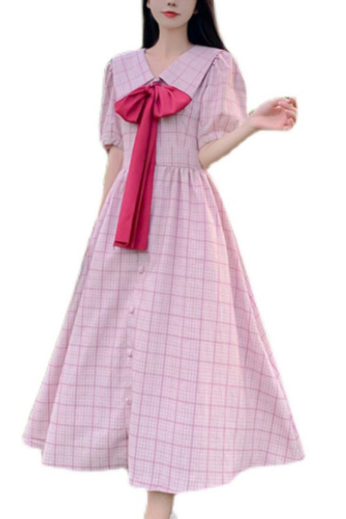 ピンクネイビーラペルカラーチェック半袖ハイウエストロングプラスサイズ甘いロリータドレス