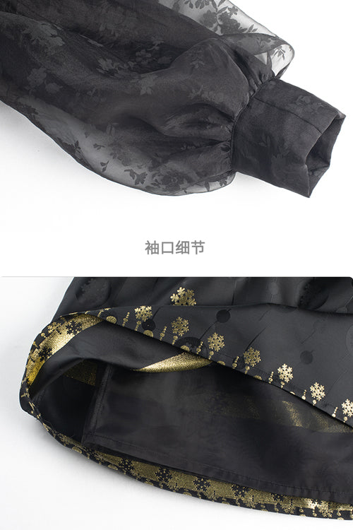 Black Square Neck Organza Print Ruffled Lantern Sleeves High Waisted Sweet Lolita OP Dress