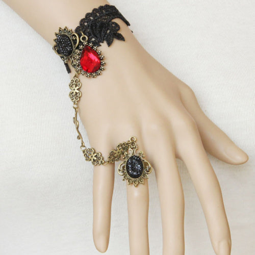 Black Vampire Retro Fashion Handmade Lace Ruby Female Party Gothic Lolita Ring Bracelet