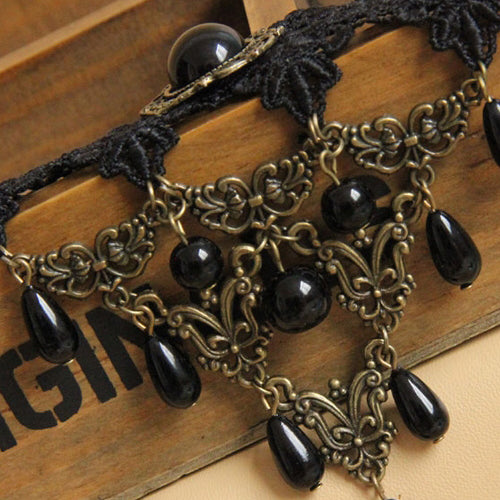 Black Retro Palace Style Lace And Pearl Gothic Lolita Necklace