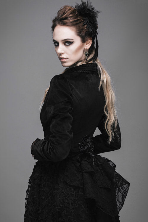 Black Lace Waist Woollen Womens Velvet Short Gothic Jacket With Tail