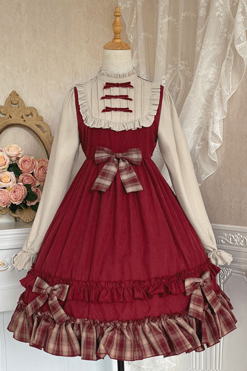 Little Red Riding Hood Lapel Collar Christmas Bowknot High Waisted Multi-Layer Ruffled Sweet Lolita OP Dress