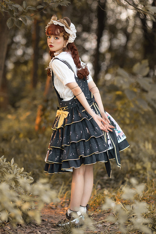 Black Multi-Layer Ruffled Note Bear Print Sweet Lolita JSK Dress