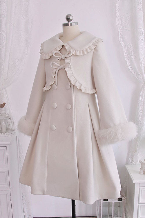 Ivory Double Breasted Bowknot Plush Long Sleeves Fake Two-Piece Woolen Lolita Coat