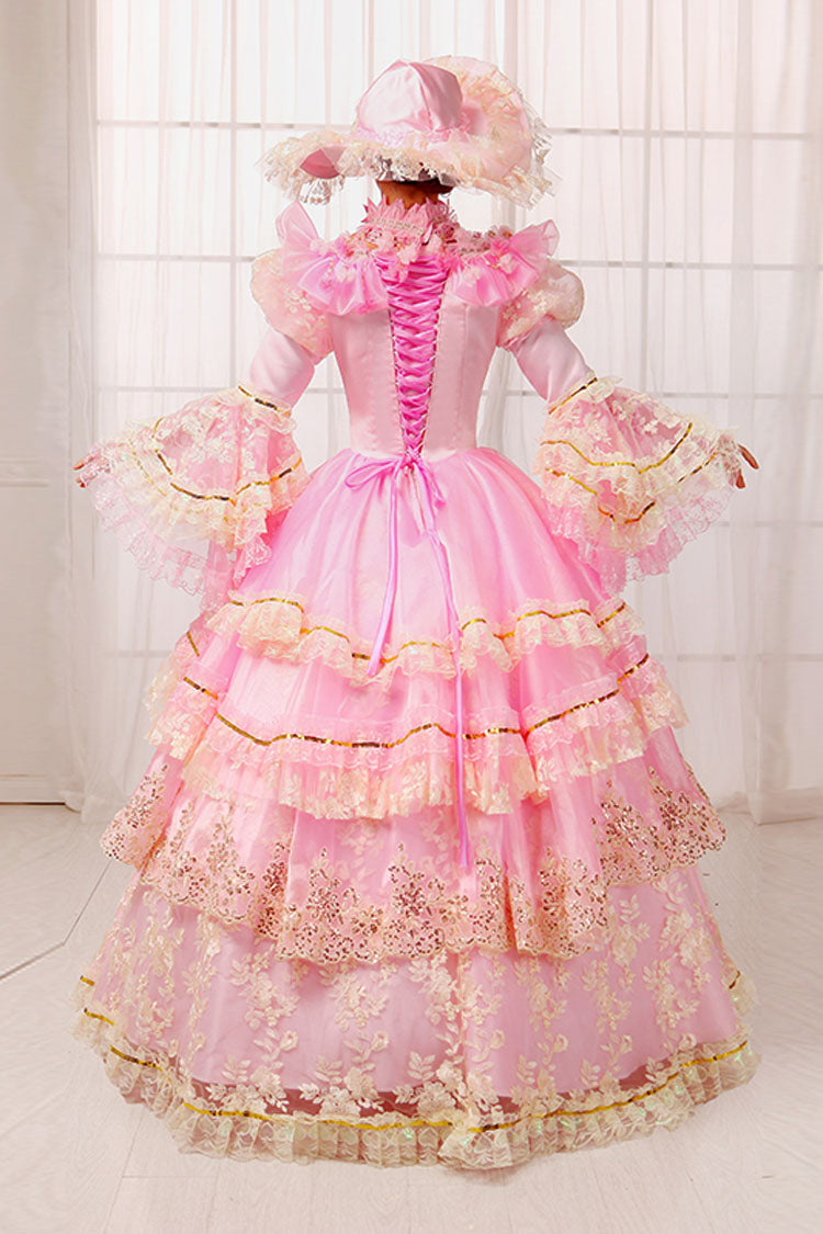 ピンクのトランペット袖ハイウエスト中空刺繍プリント多層ビクトリア朝のロリータ プロム ドレス