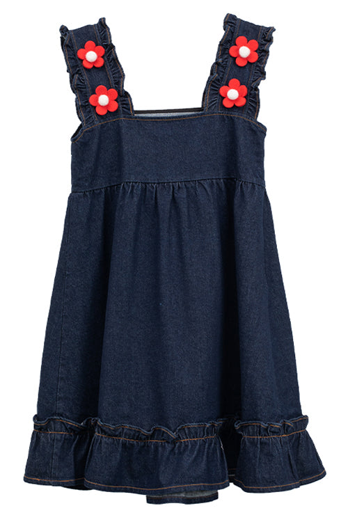 Schwarzes, hoch tailliertes Lolita-Trägerkleid aus Denim mit Rüschenträgern und Blumen-Accessoires