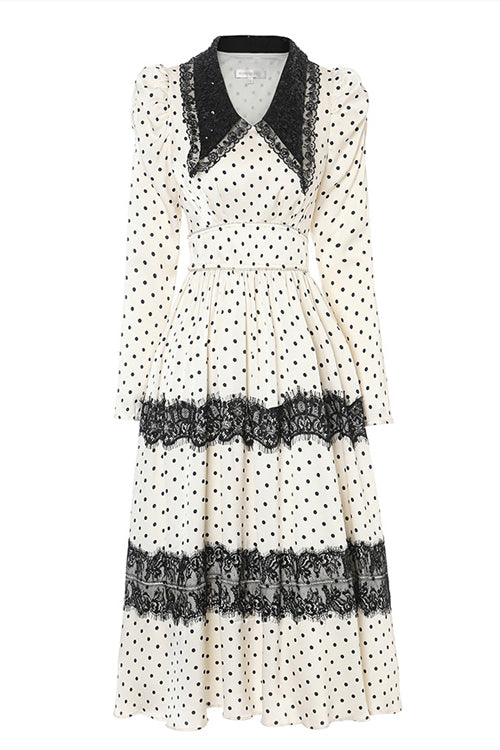 Beige/Black Doll Collar Vintage Lace Patchwork Polka Dot Print Long Sleeves High Waisted Long Sweet Lolita OP Dress