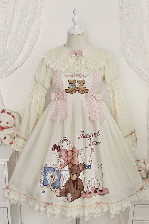 Ivory Sheep & Bear Print Alice Girl Bowknot Ruffled Sweet Lolita JSK Dress