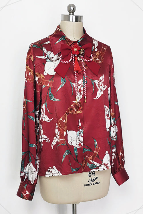 Red Original Lily Rabbit Print Lapel Collar Long Sleeves Ouji Lolita Blouse