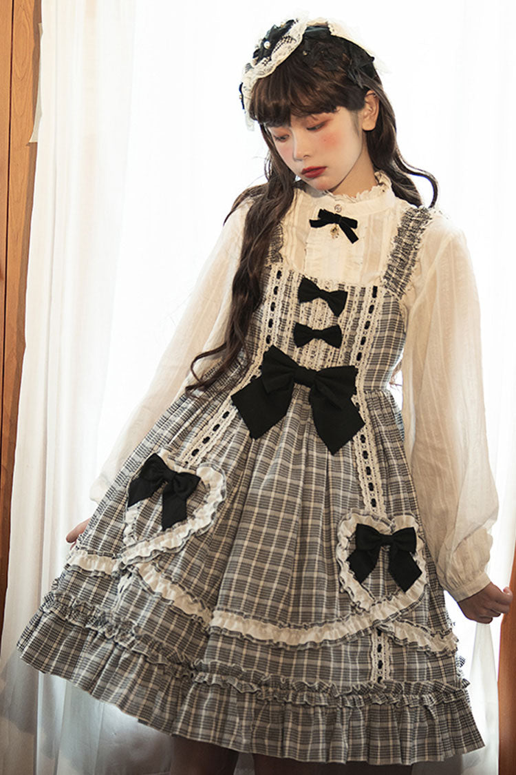 Black/White High Waist Bowknot Ruffled Plaid Sweet Lolita JSK Dress