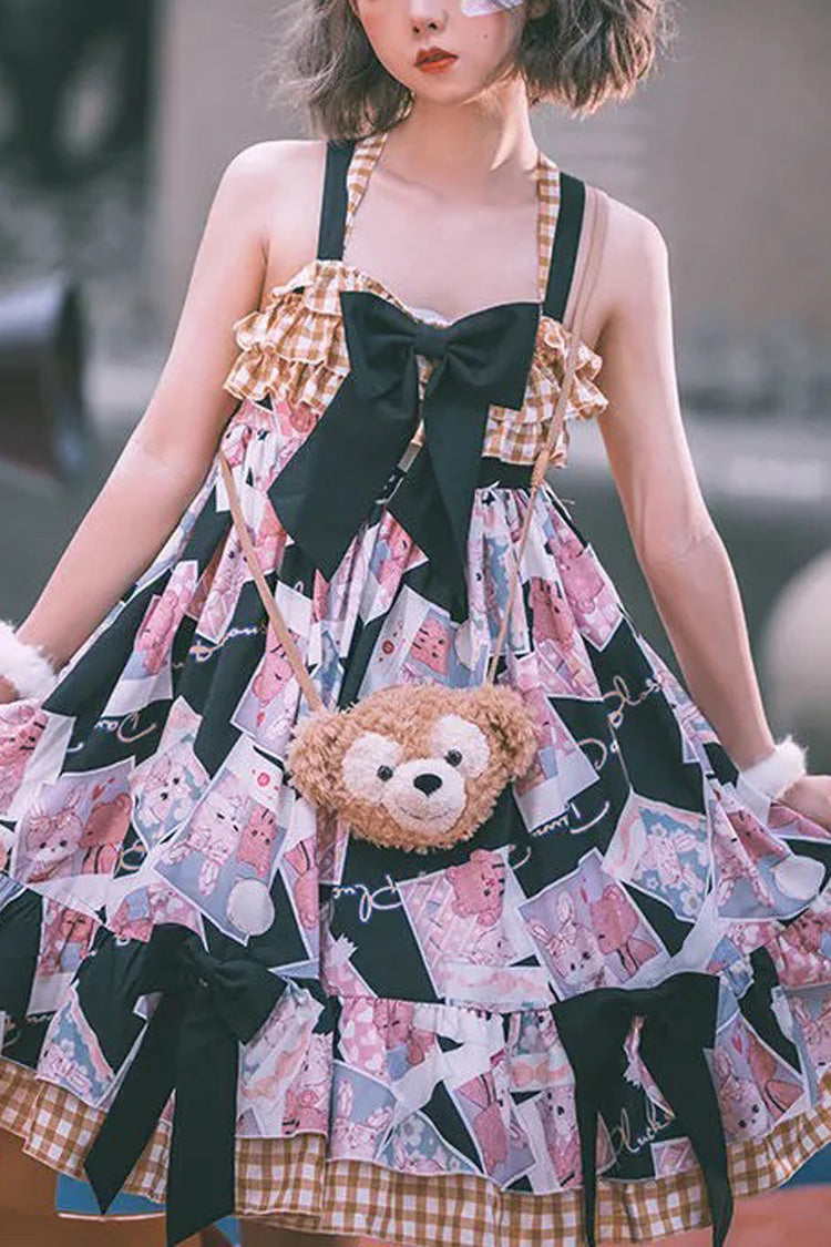 Detachable Shoulder Strap & Bowknot Print Stitching Ruffled Sweet Lolita Jsk Dress