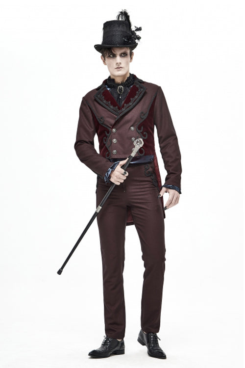 Brown Twill Suit Material Side Pocket Floral Shaped Webbing Gothic Mens Pants
