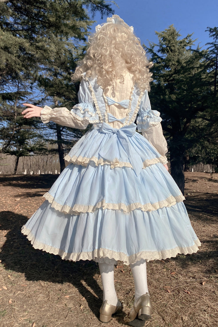 Blue Lapel Collar Long Sleeves High Waisted Multi-layer Bowknot Sweet Lolita Dress
