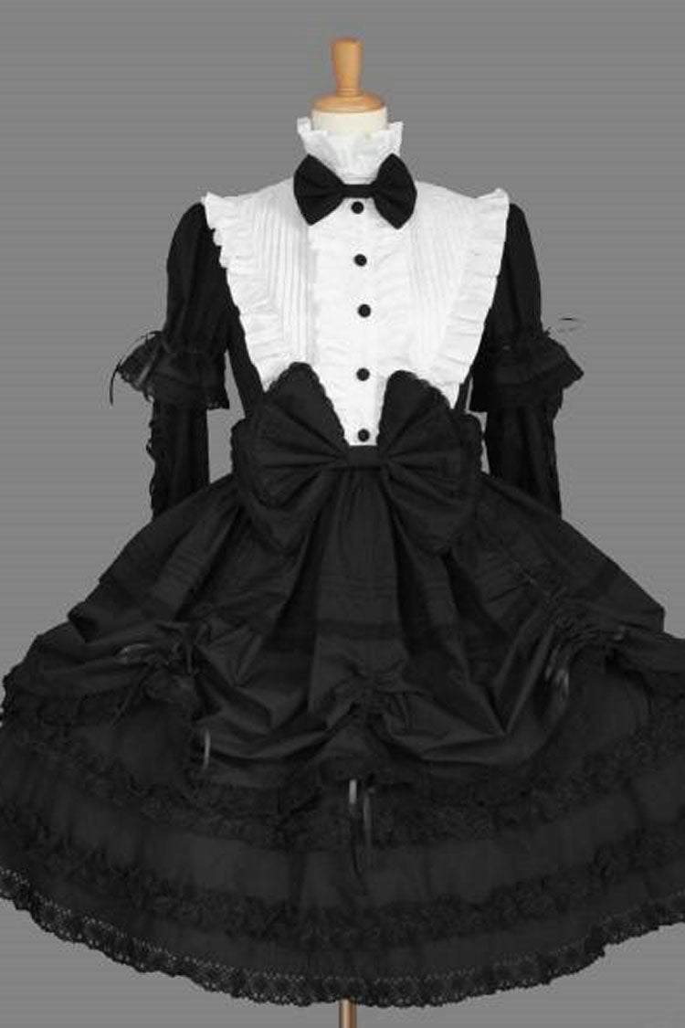 Black/White Cotton Stand Collar Long Sleeves Bowknot Ruffled Multi-Layer Gothic Lolita Dress