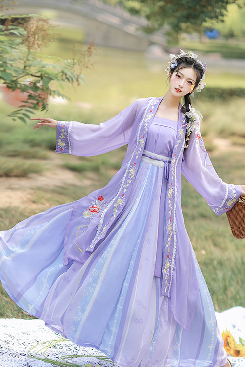 Purple Chinese Style Song Dynasty Exquisite Embroidery Three Piece Sweet Hanfu Dress