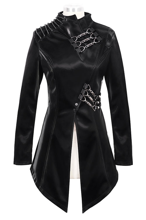 Black High Collar Slim Leather Womens Punk Coat