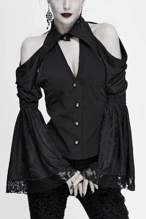 Schwarze schulterfreie Trompetenärmel Sexy Gothic-Bluse für Damen