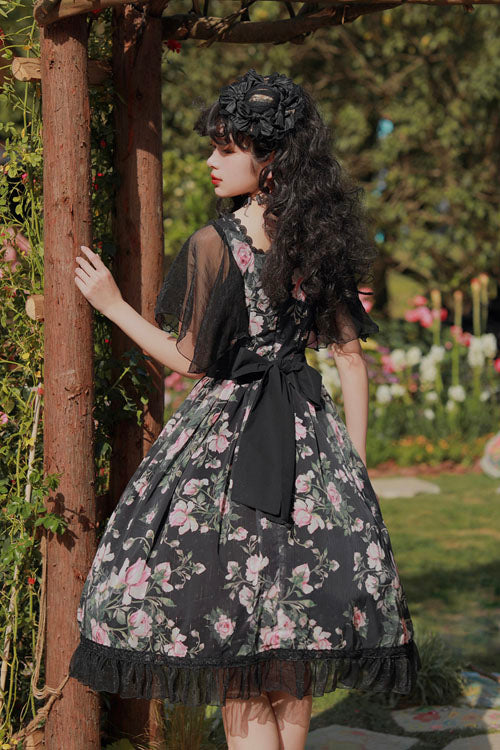 Black Elegant Vintage French Rose Print Square Collar Ruffled Classic Lolita OP Dress