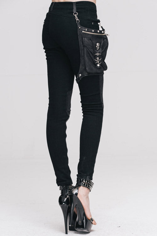 Schwarze Punk Skinny mit Beintasche Damenhose