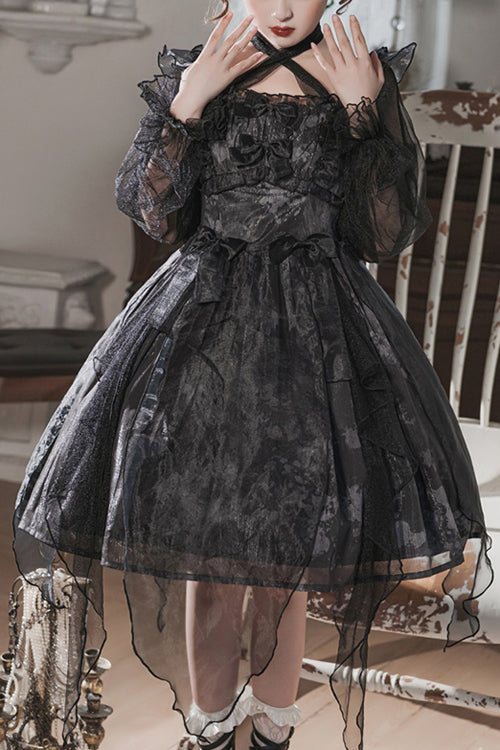Black Ruffled Strap Mesh Lantern Sleeves High Waisted Irregular Hem Gothic Lolita OP Dress