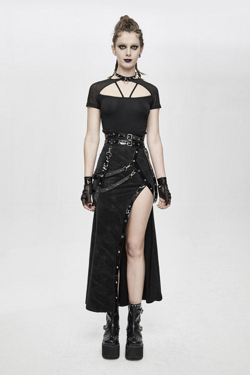 Black High Side Slit Sexy With Adjusted Loops Womens Gothic Half Skirts