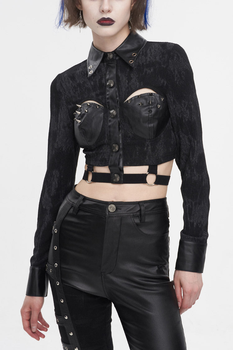 Black Turn Down Collar Cutout Long Sleeves Studded Women's Punk Shirt