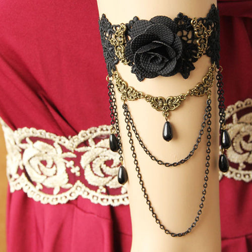 Black Vintage Bride Wedding Rose Flower Lace Pearl Metal Gothic Lolita Armband Bracelet