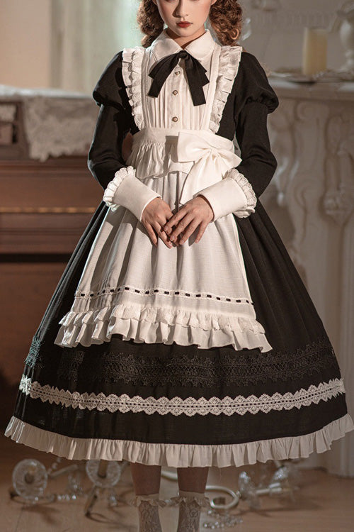 Black Lapel Collar Bowknot Long Sleeves Ruffled Sweet Lolita Maid OP Dress (Apron is included)