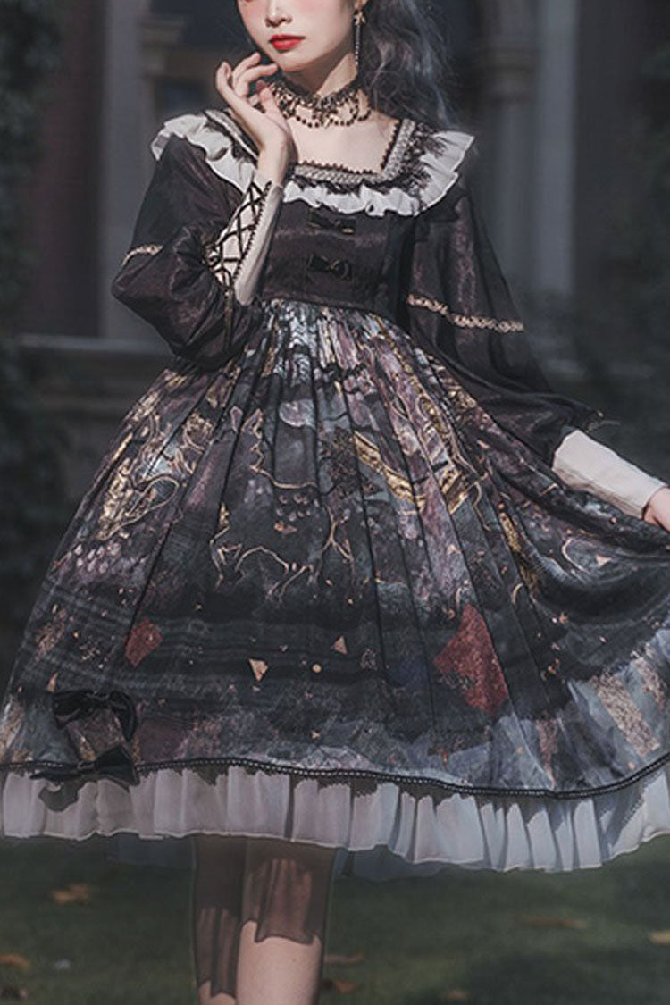 ブラック長袖ミストプリントクラシックロリータOPドレス