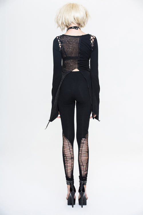 Schwarzes sexy Punk-T-Shirt mit asymmetrisch gebrochenen Löchern und Ketten in Spinnennetzform für Damen