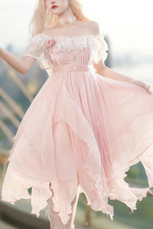 ピンク スクエアネック ボートネック 万能レース 半袖 不規則な花びらの裾 甘いロリータドレス