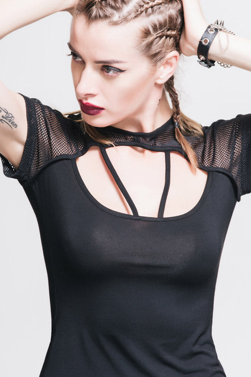 Black Hollow Out Short Sleeves Mesh Shawl Lace Up Women Punk T-Shirt