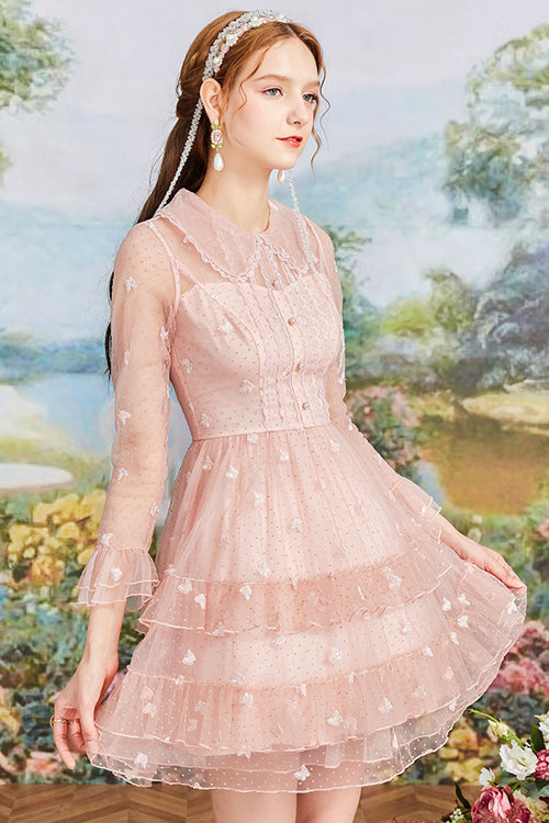 Pink Vintage French Doll Collar Ruffled Long Sleeves Mesh Embroidered Sweet Lolita OP Dress