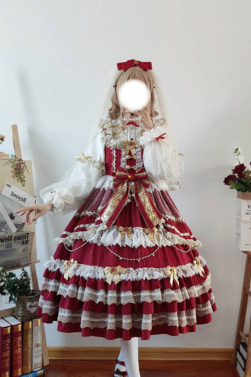 Wine Hanayome Bowknot Princess Multi-Layer Ruffled Sweet Lolita JSK Dress