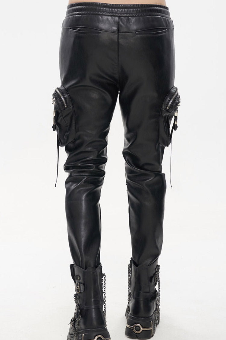 Black Punk Leather Metal Rivets Zipper Stereoscopic Side Pockets Men's Pants