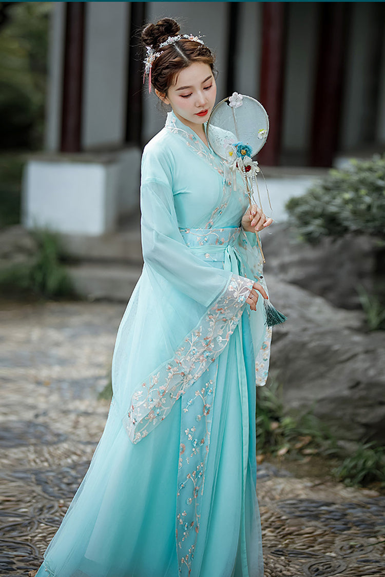 Green Butterfly Love Flower Embroidered Sweet Hanfu Dress